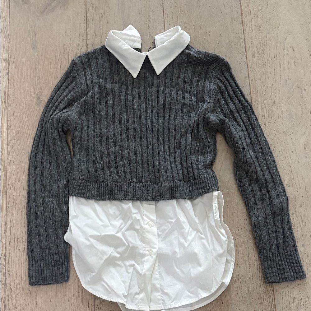 Zara Charcoal Ribbed Sweater with White Collar
